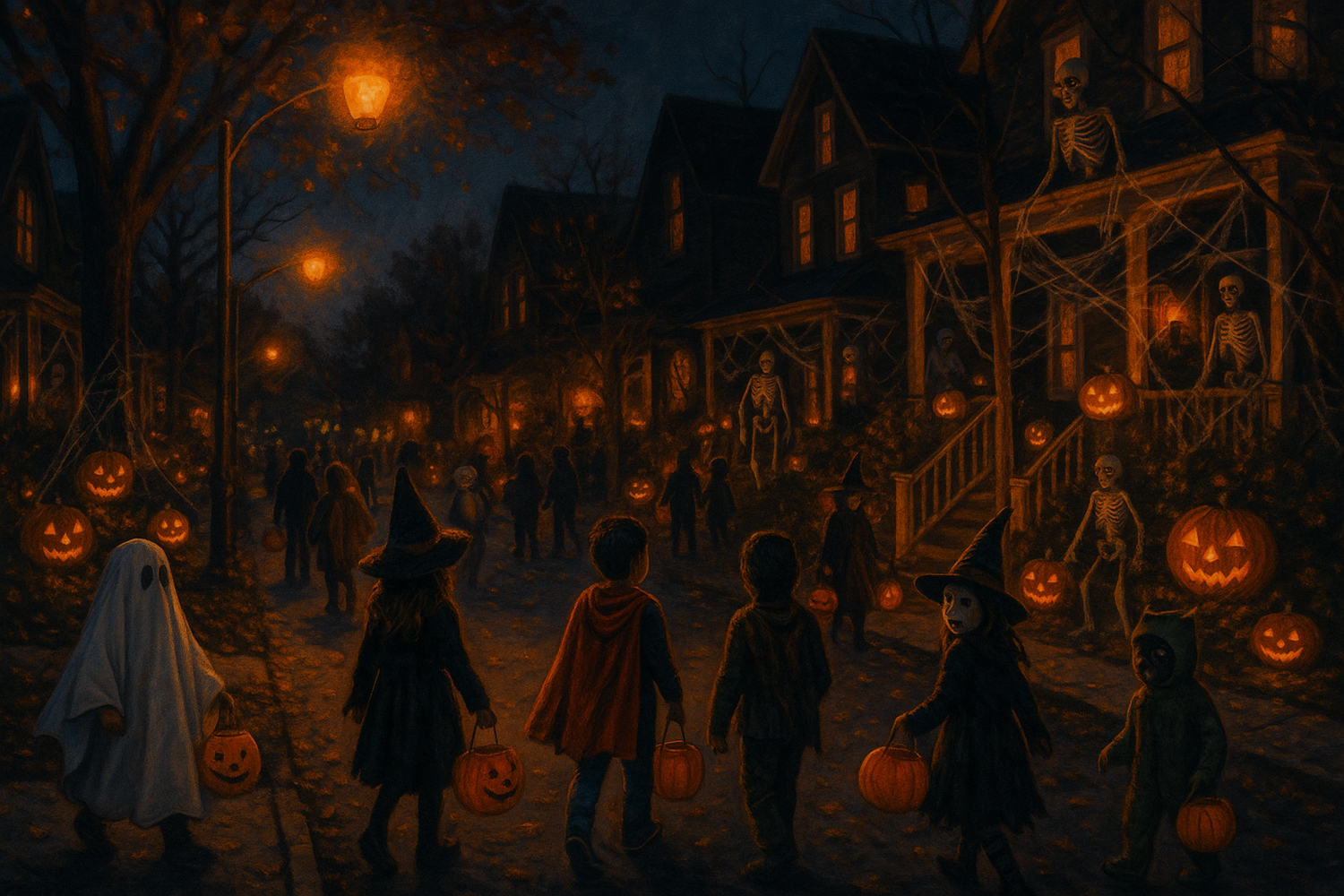 busy night street on halloween with kids in costumes & scary house's decorations