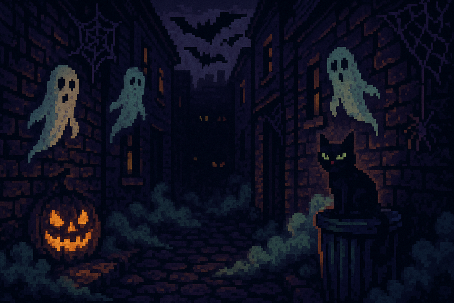 scary halloween alleyway in pixel cartoonish texture with glowy eyes down the dark hall and other spooky animals or figures